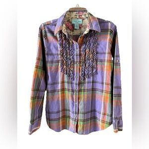 Tasha Polizzi Lavender Purple Plaid Flannel Shirt Ruffle Size Small Western